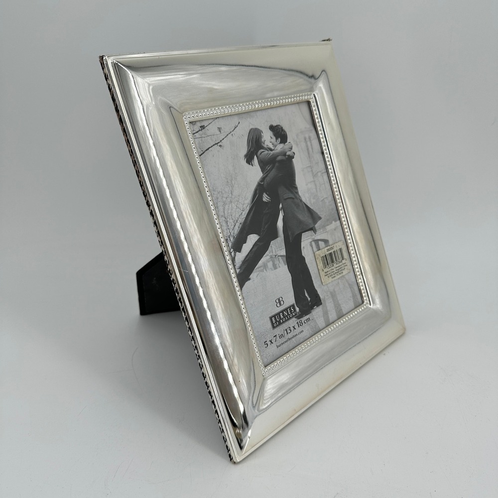 Burnes of Boston Silver Tone 5x7 Picture Frame Beaded Border Houndstooth Back